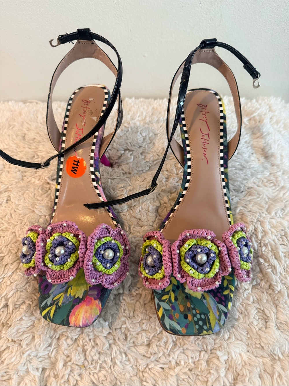 Betsey Johnson Black Ankle-Strap Sandals with Purple & Green Crochet Flowers